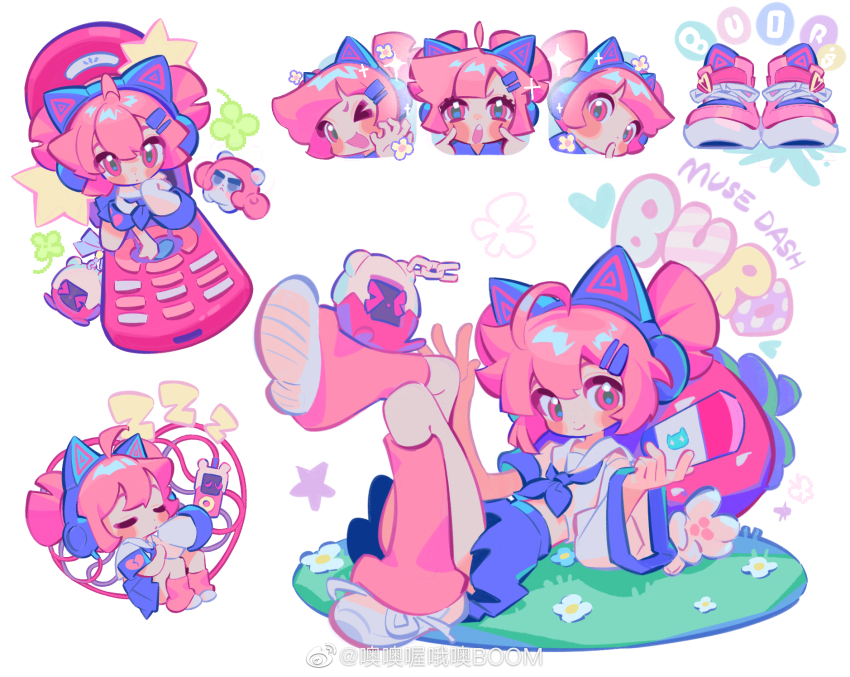 1girl, ahoge, animal_ear_headphones, animal_ears, artist_name, asymmetrical_sleeves, blue_neckerchief, blue_skirt