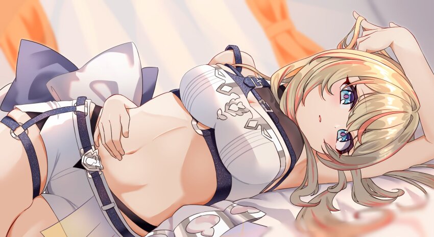 1girl, arm_up, armpits, bandeau, belt, black_belt, blonde_hair, blue_eyes, blush, breasts, chest_belt, commentary, cowboy_shot, highres, large_breasts, long_hair, looking_at_viewer, lying, mariooo, midriff, nanashi_inc., navel, on_side, open_mouth, orange_hair, short_shorts, shorts, solo, touri_sei, touri_sei_(3rd_costume), virtual_youtuber, white_bandeau, white_shorts