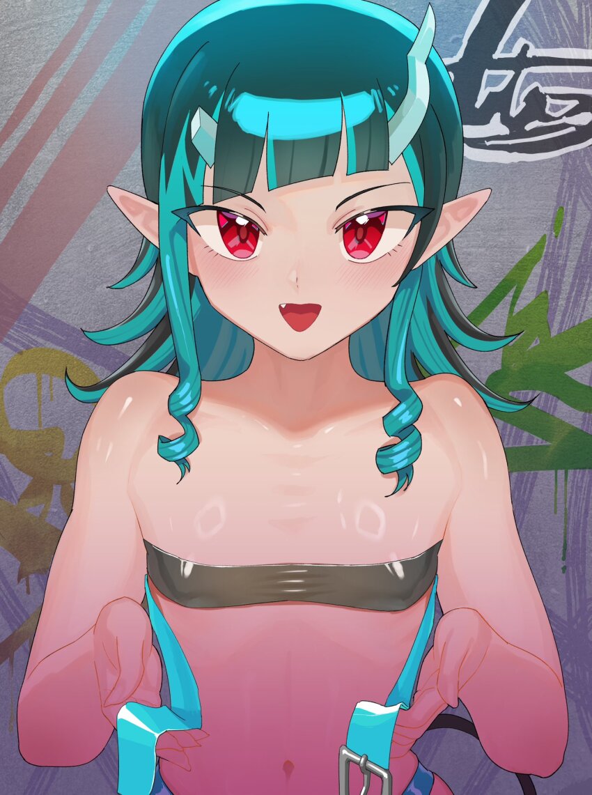 1girl, belt_bra, black_hair, blue_hair, blush, buren, commentary_request, demon_girl