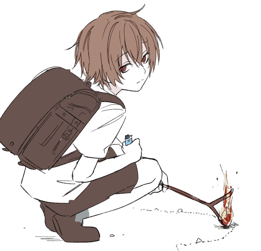 1103sns, 1boy, aged_down, animal_abuse, ant, backpack, bag, brown_bag