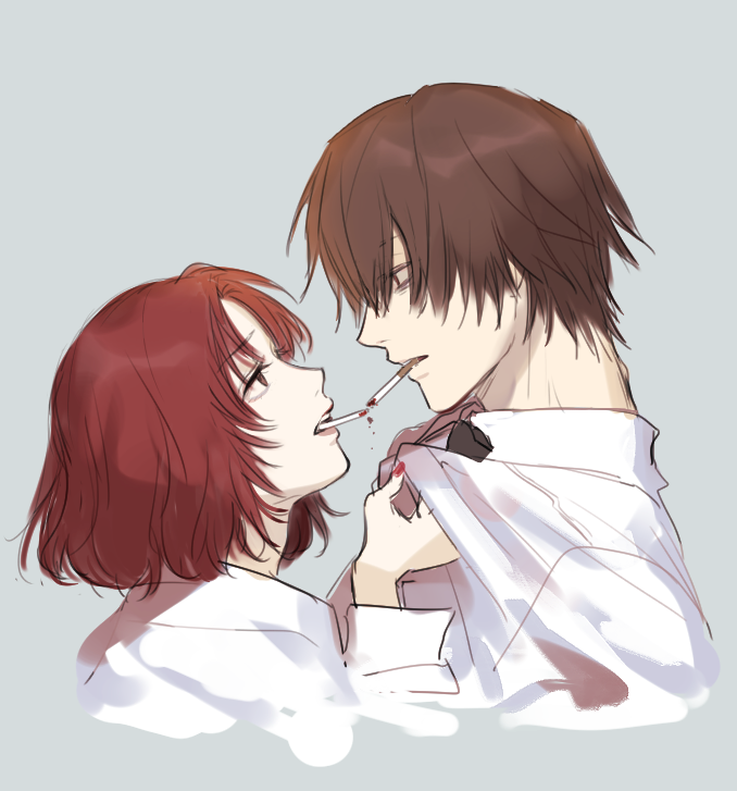 1103sns, 1boy, 1girl, bags_under_eyes, brown_eyes, brown_hair, cigarette, cigarette_kiss