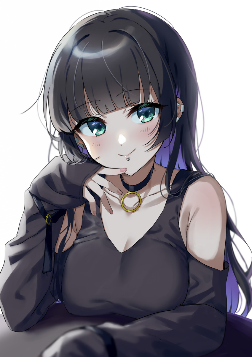 1girl, absurdres, black_collar, black_dress, black_hair, blush, bocchi_the_rock!, breast_rest, breasts, breasts_on_table, chin_piercing, cleavage, closed_mouth, clothing_cutout, collar, colored_inner_hair, dress, ear_piercing, eyebrows_hidden_by_hair, face_piercing, finger_to_own_chin, green_eyes, highres, jikai_ing, lips, long_hair, looking_at_viewer, medium_breasts, multicolored_hair, pa-san, piercing, shoulder_cutout, simple_background, sitting, smile, solo, upper_body, white_background