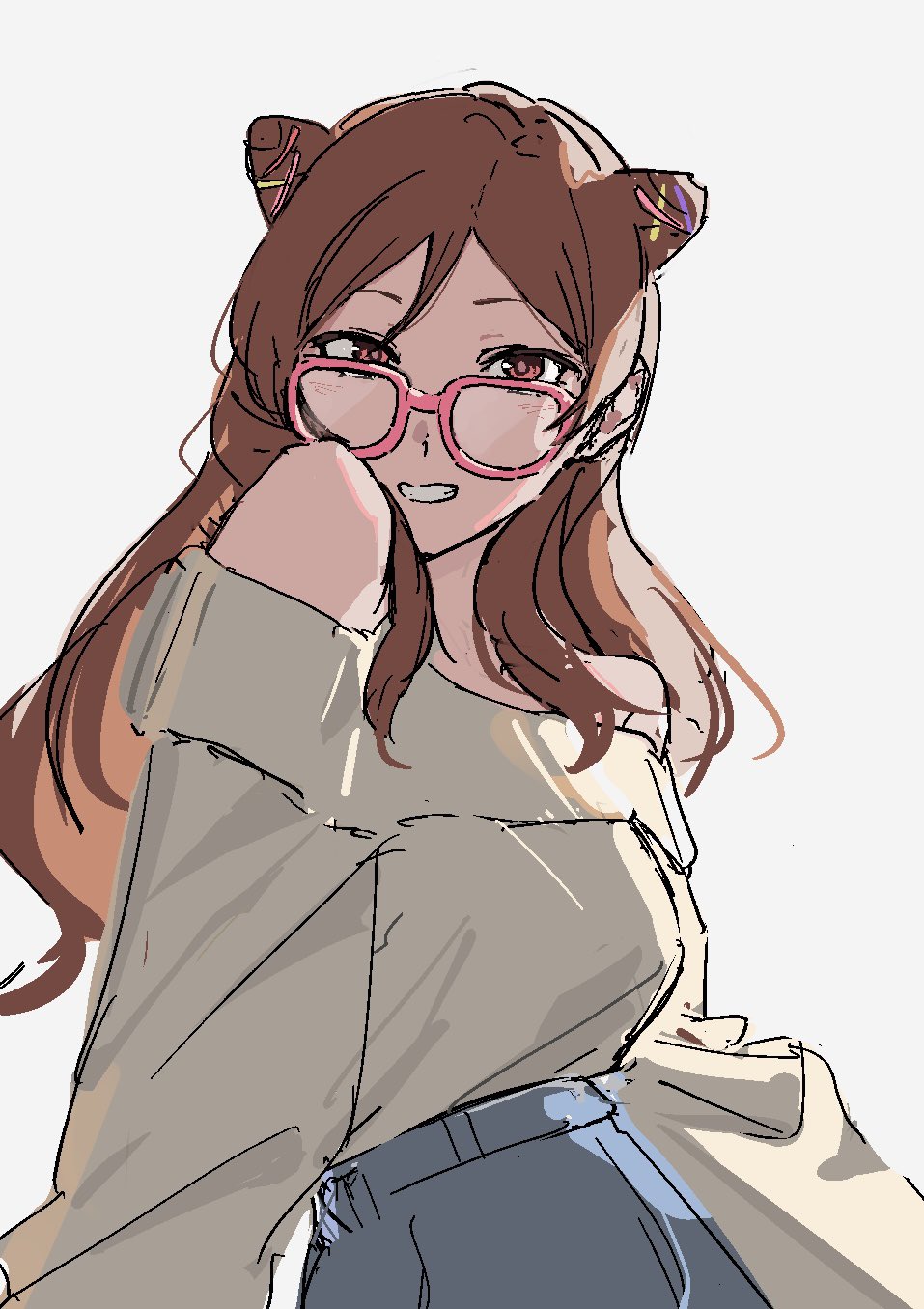 animal_ears, bare_shoulders, birthday, blue_pants, brown_hair, commentary, fake_animal_ears, glasses