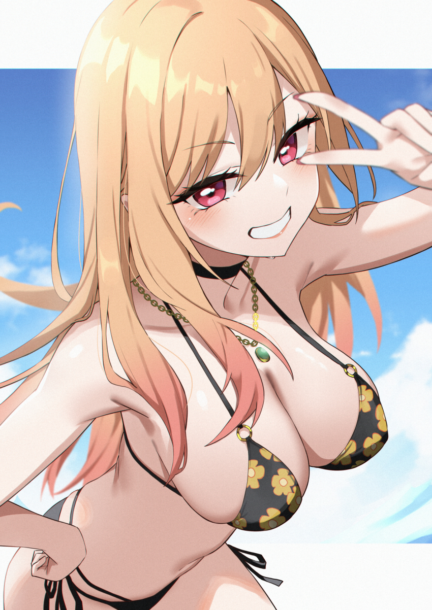 1girl, bikini, black_bikini, blonde_hair, breasts, floral_print, floral_print_bikini, gradient_hair