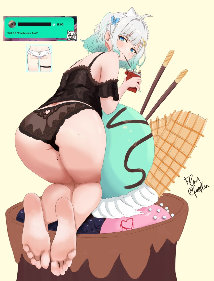 1girl, absurdres, ahoge, aqua_hair, aqua_nails, ass, ass_cutout, barefoot, black_panties, blue_bow, blue_eyes, blush, bow, butt_crack, clothing_cutout, eating, eyelashes, faeflan, feet, food, frills, full_body, gradient_hair, grey_hair, hair_bow, hair_ornament, heart_cutout, highres, holding, ice_cream, indie_virtual_youtuber, lace, lace_panties, legs_together, looking_at_viewer, looking_back, medium_hair, mint_fantome, mole, mole_on_ass, mole_on_thigh, mouth_hold, multicolored_hair, nail_polish, panties, pocky, signature, smile, soles, solo, thighs, toes, twitter_username, underwear, virtual_youtuber, x_hair_ornament