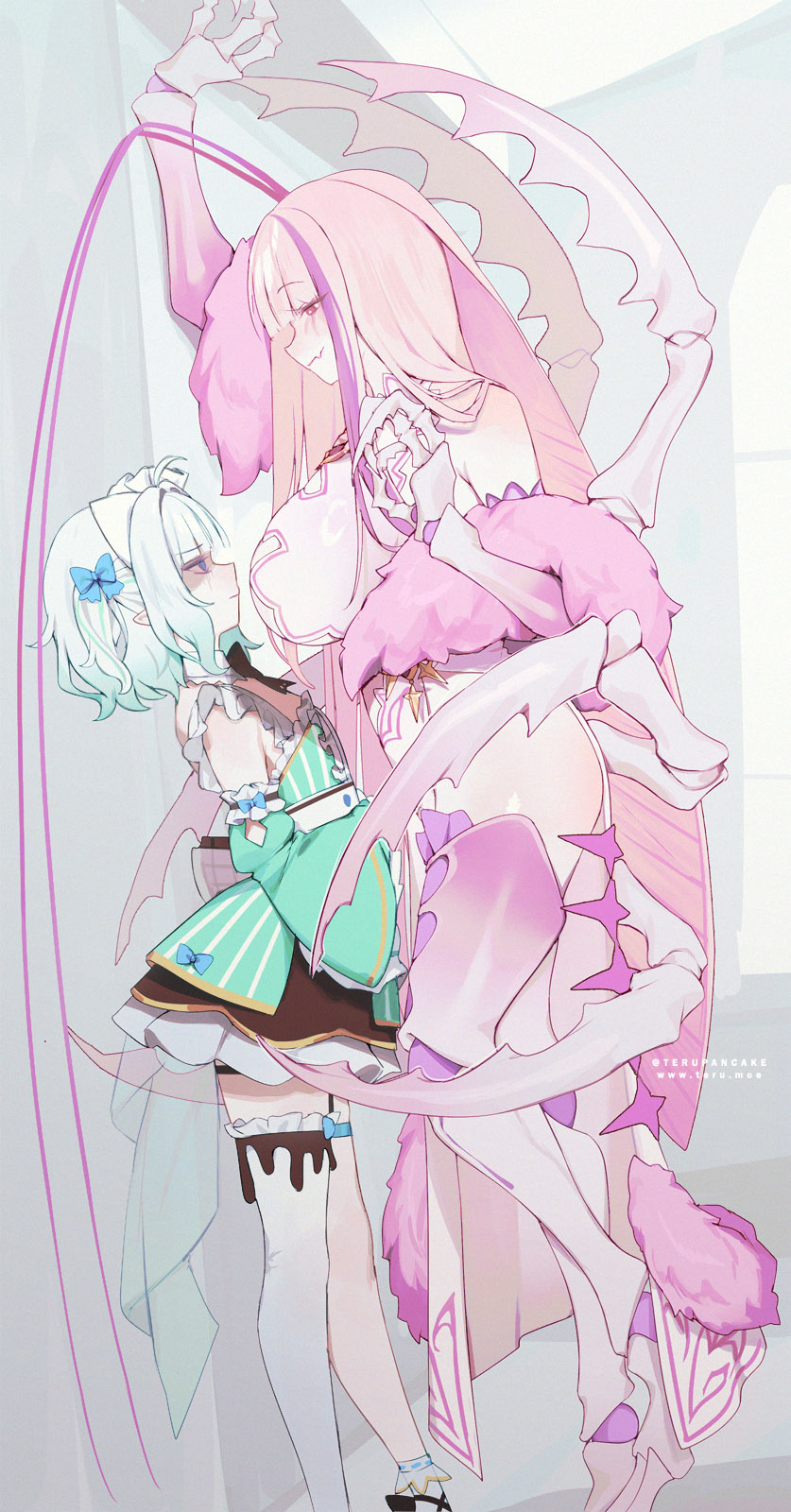 2girls, antenna_hair, arthropod_girl, asymmetrical_legwear, backless_dress, backless_outfit, blue_eyes, blush