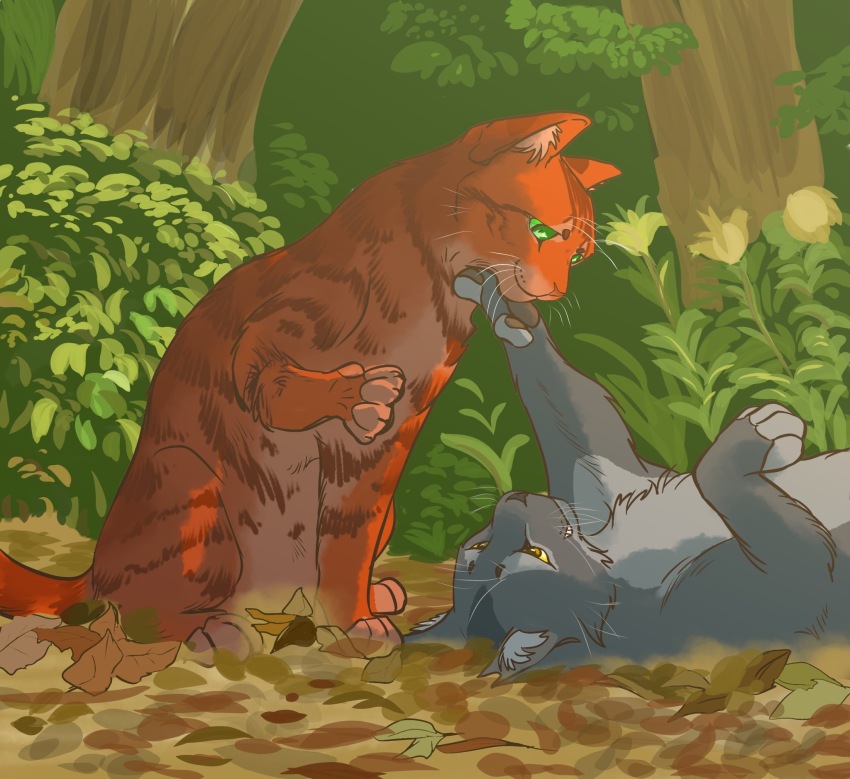 affectionate, animal, animal_focus, cat, commentary_request, eye_contact, firestar_(warrior_cats), flower, fugu_(fugusunburst55), graystripe, green_eyes, grey_cat, grey_fur, highres, leaf, looking_at_another, lying, no_humans, on_back, orange_cat, orange_fur, outdoors, pawpads, sitting, tree, warrior_cats, whiskers, yellow_eyes