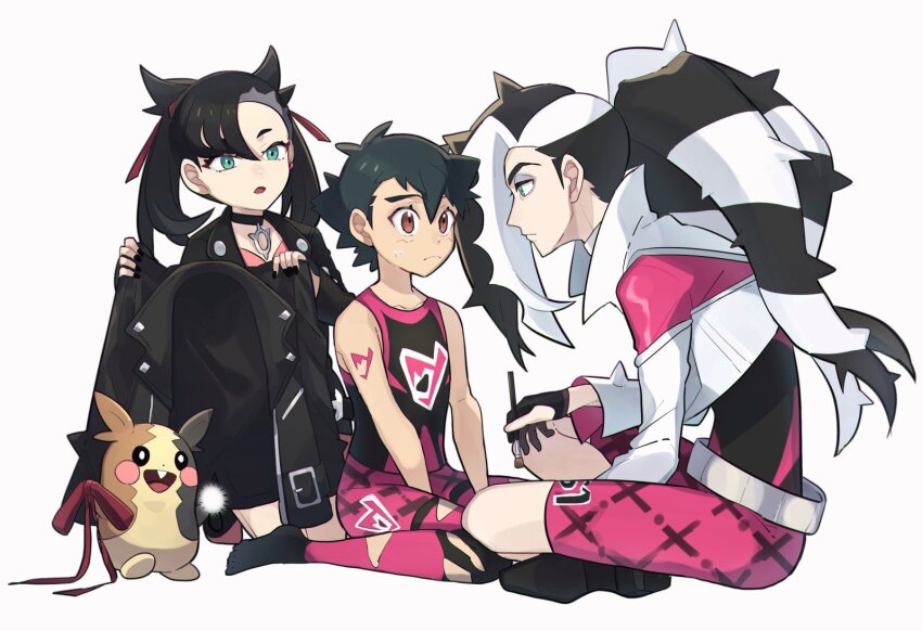 1girl, 2boys, arm_tattoo, ash_ketchum, belt, black_eyes, black_hair, black_jacket
