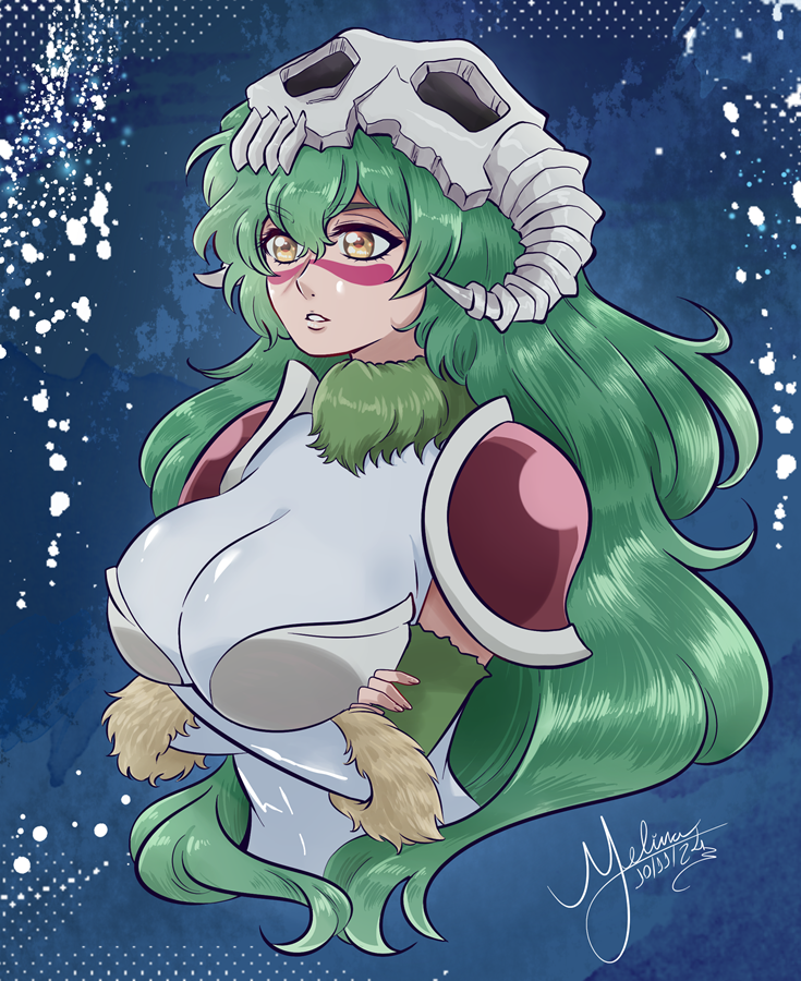 1girl, arms_under_breasts, bleach, bleach:_sennen_kessen-hen, breasts, green_hair, large_breasts, long_hair, mel-chan, nelliel_tu_odelschwanck, solo