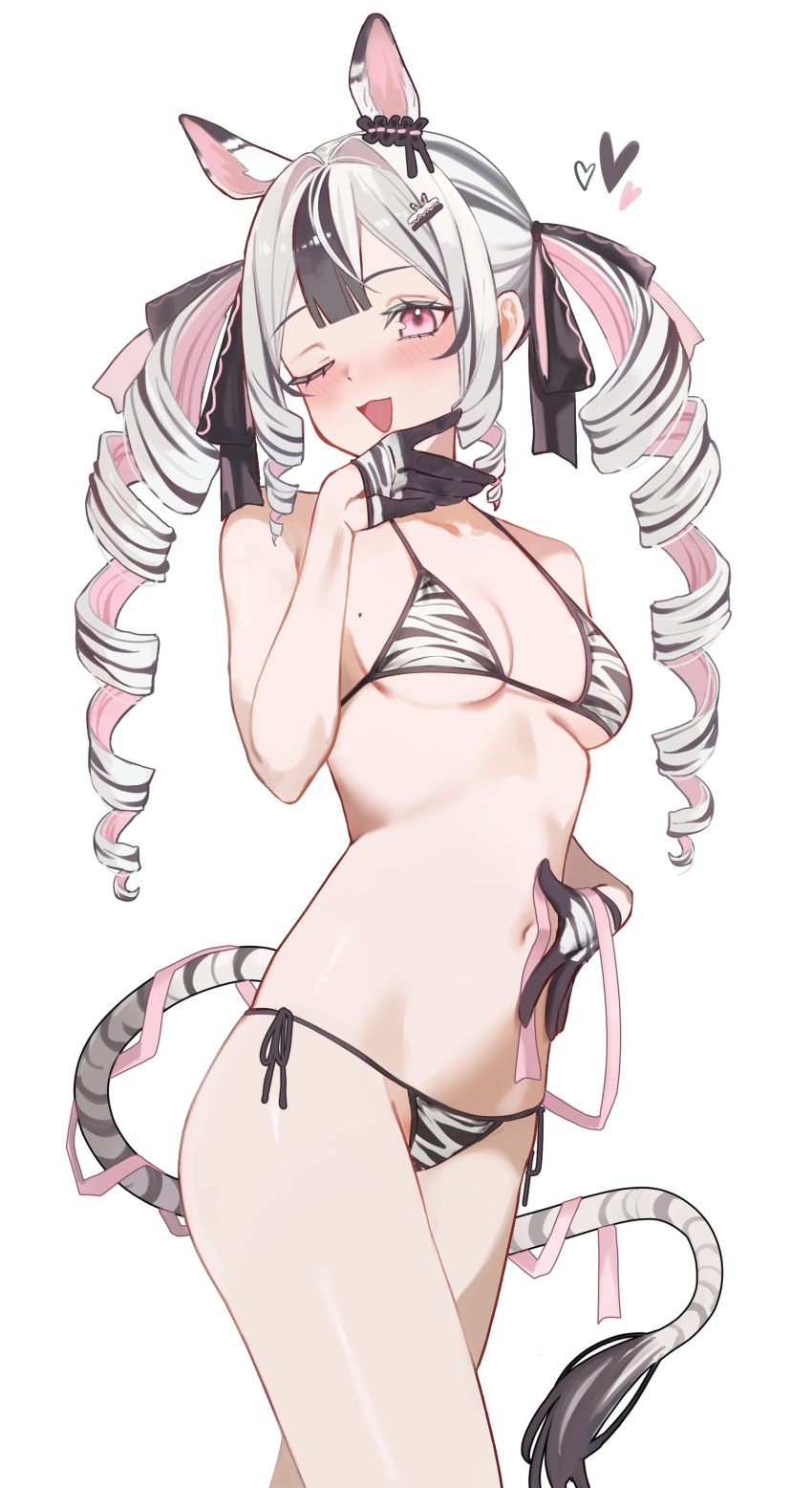 1girl, ;d, absurdres, animal_ears, animal_print, anska, bikini, black_hair