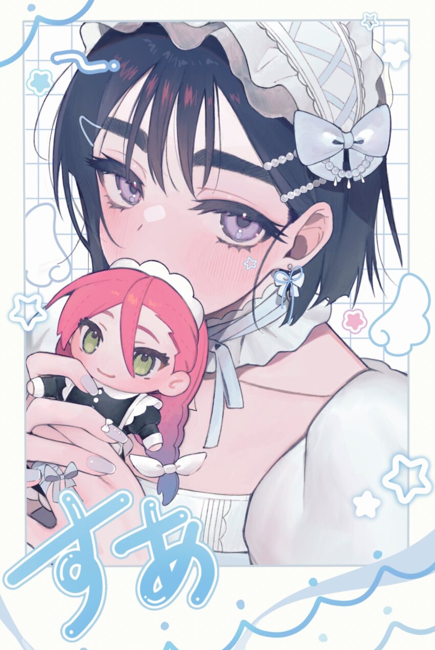 1girl, 4tsuba_kuma, alien_stage, black_hair, blue_bow, blush, bow, bow_earrings