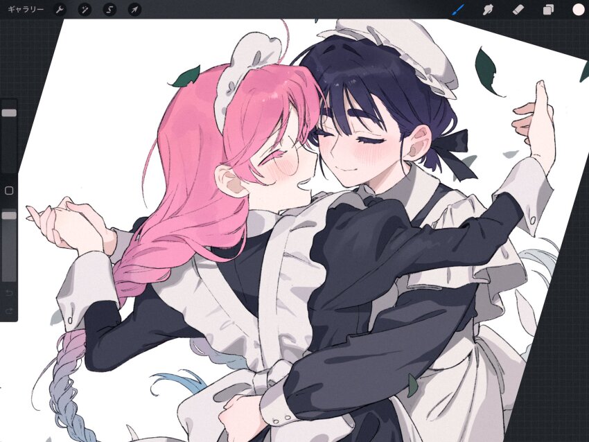 2girls, 4tsuba_kuma, alien_stage, apron, arm_around_another's_waist, art_program_in_frame, black_dress, black_hair