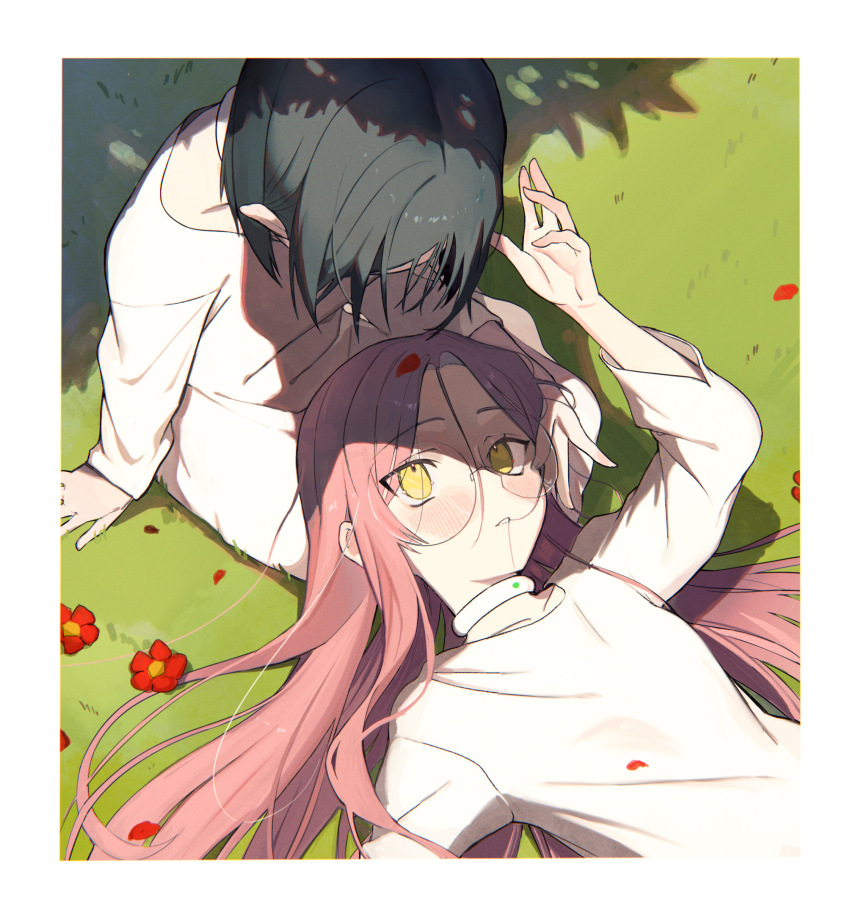 2girls, 4tsuba_kuma, absurdres, aged_down, alien_stage, black_hair, border, choker