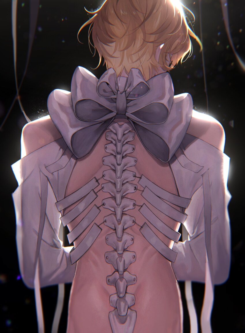 1boy, 4tsuba_kuma, alien_stage, back_bow, bare_shoulders, black_background, blonde_hair, bow