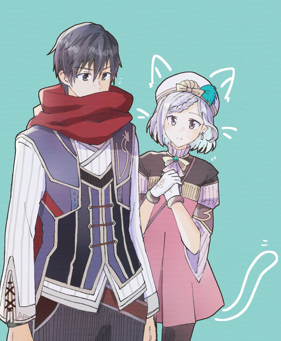 1boy, 1girl, adol_christin, appleajyuxxxx, aqua_background, black_eyes, black_hair, braid