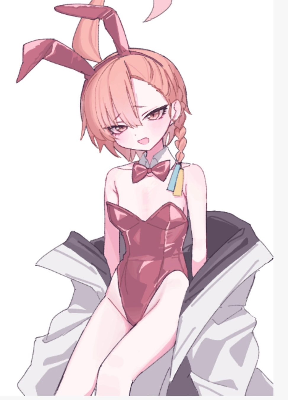 0219_142, 1girl, ;d, ahoge, animal_ear_hairband, animal_ears, arms_at_sides, asymmetrical_bangs