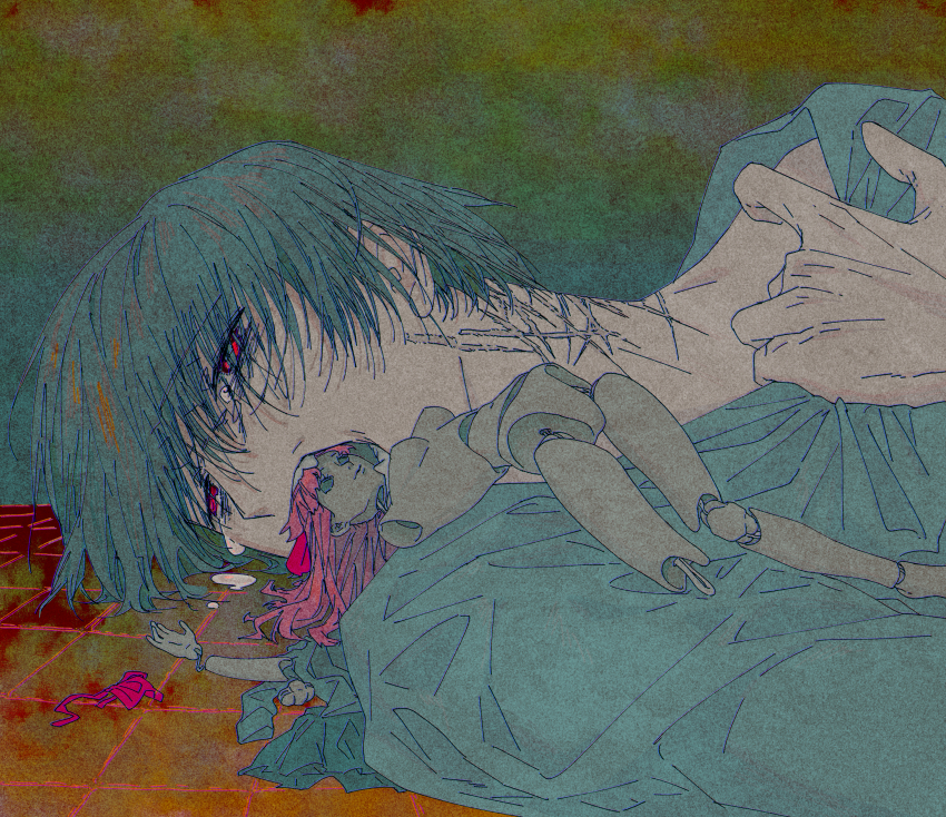 1boy, abstract_background, absurdres, alternate_hair_color, bags_under_eyes, blue_background, blue_hair, blue_robe