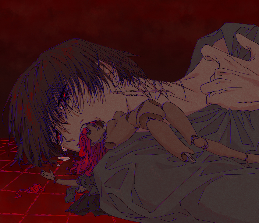 1boy, abstract_background, absurdres, bags_under_eyes, broken_doll, brown_hair, character_doll, chinese_commentary