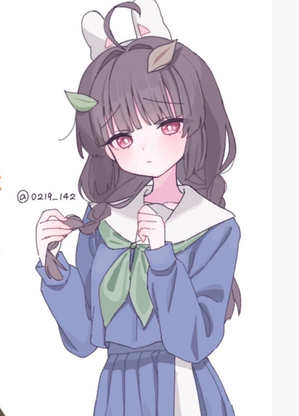 0219_142, 1girl, ahoge, animal_ears, black_hair, blue_archive, blue_serafuku, blue_shirt, blue_skirt, blunt_bangs, braid, bright_pupils, closed_mouth, collarbone, dot_nose, fake_animal_ears, frown, green_neckerchief, hair_intakes, hand_in_own_hair, highres, leaf, leaf_on_head, long_hair, long_sleeves, low_twin_braids, miyu_(blue_archive), neckerchief, pleated_skirt, rabbit_ears, red_eyes, sailor_collar, school_uniform, serafuku, shirt, simple_background, skirt, solo, twin_braids, twitter_username, white_background, white_pupils, white_sailor_collar