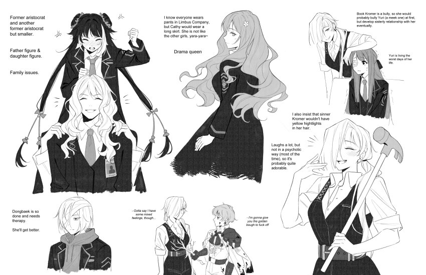 2boys, 5girls, absurdres, anger_vein, armor, ascot, avi_(baltika_seven), bandage_over_one_eye