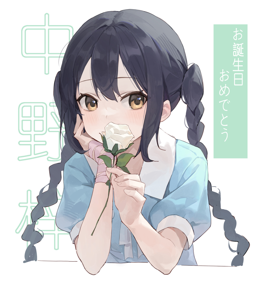 1girl, absurdres, black_hair, blue_dress, blush, brown_eyes, closed_mouth, commentary_request