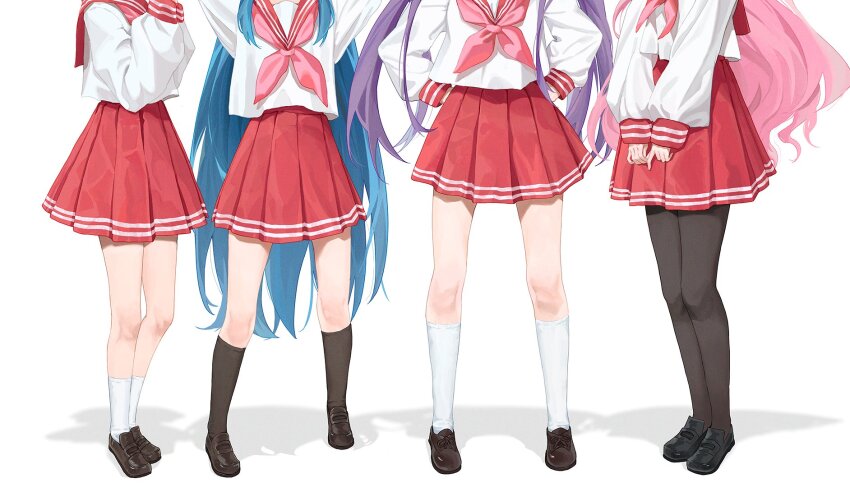 4girls, arms_up, black_footwear, black_pantyhose, black_socks, blue_hair, hands_on_own_hips, head_out_of_frame