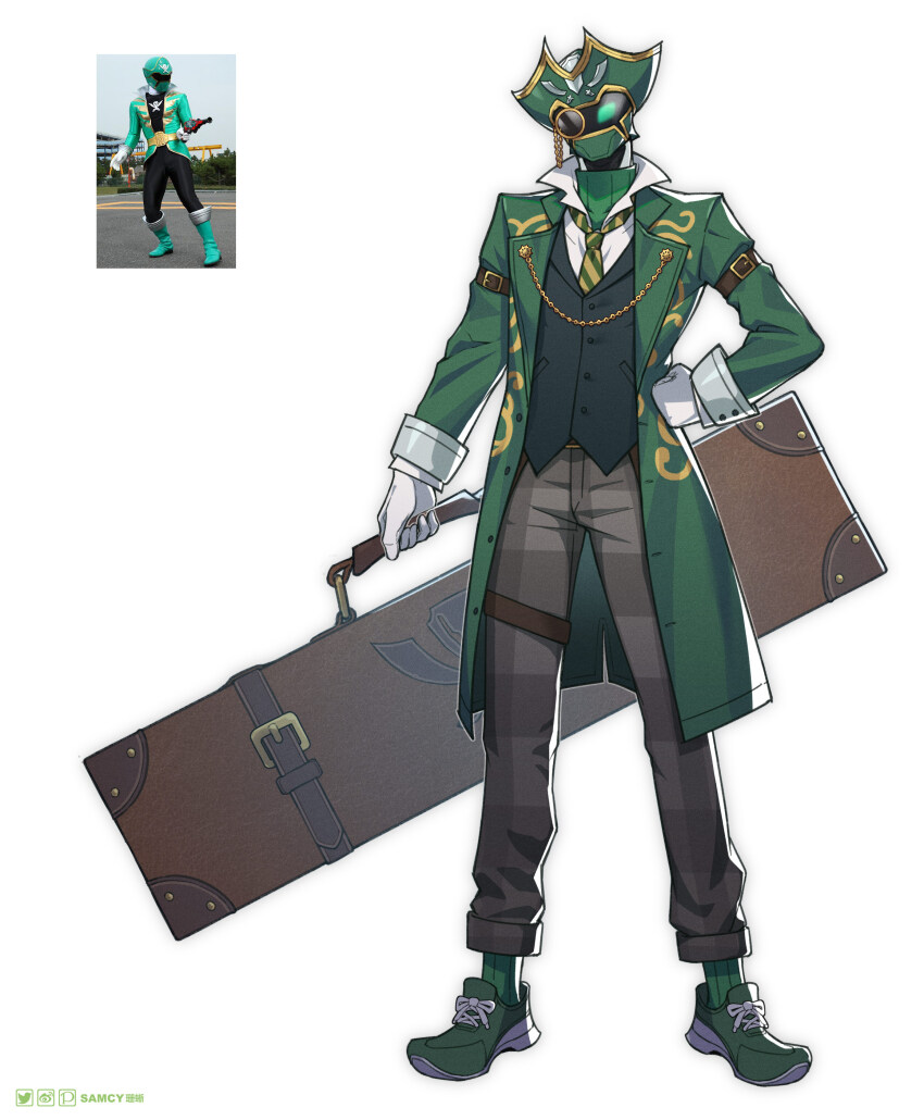 1boy, absurdres, adapted_costume, alternate_costume, arm_strap, artist_name, commentary_request, diagonal-striped_clothes