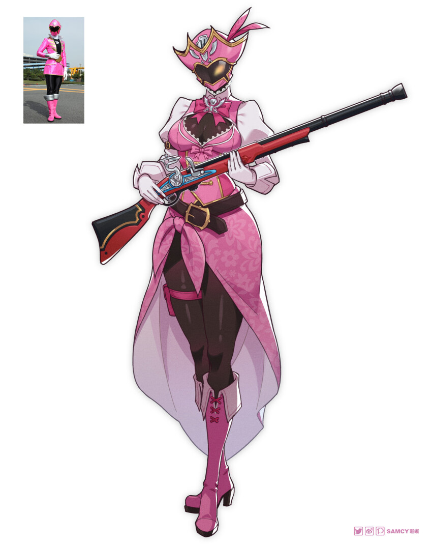 1girl, absurdres, adapted_costume, alternate_costume, antique_firearm, arm_strap, artist_name, belt