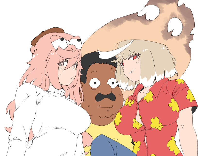 1boy, 2girls, ai-generated_art_(topic), archives.gokulism, beret, black_hair, bow, breasts, cleft_chin, cleveland_brown, cosplay, dark-skinned_male, dark_skin, facial_hair, family_guy, fat, fat_man, glenn_quagmire, glenn_quagmire_(ai-gen), glenn_quagmire_(cosplay), hair_bow, hat, highres, large_breasts, light_brown_hair, long_hair, multicolored_hair, multiple_girls, mustache, orange_hat, original, partially_unbuttoned, peter_griffin, peter_griffin_(ai-gen), pink_hair, red_eyes, short_hair, streaked_hair, sweat, sweater, turtleneck, turtleneck_sweater, very_short_hair, white_hair, white_sweater, yellow_eyes