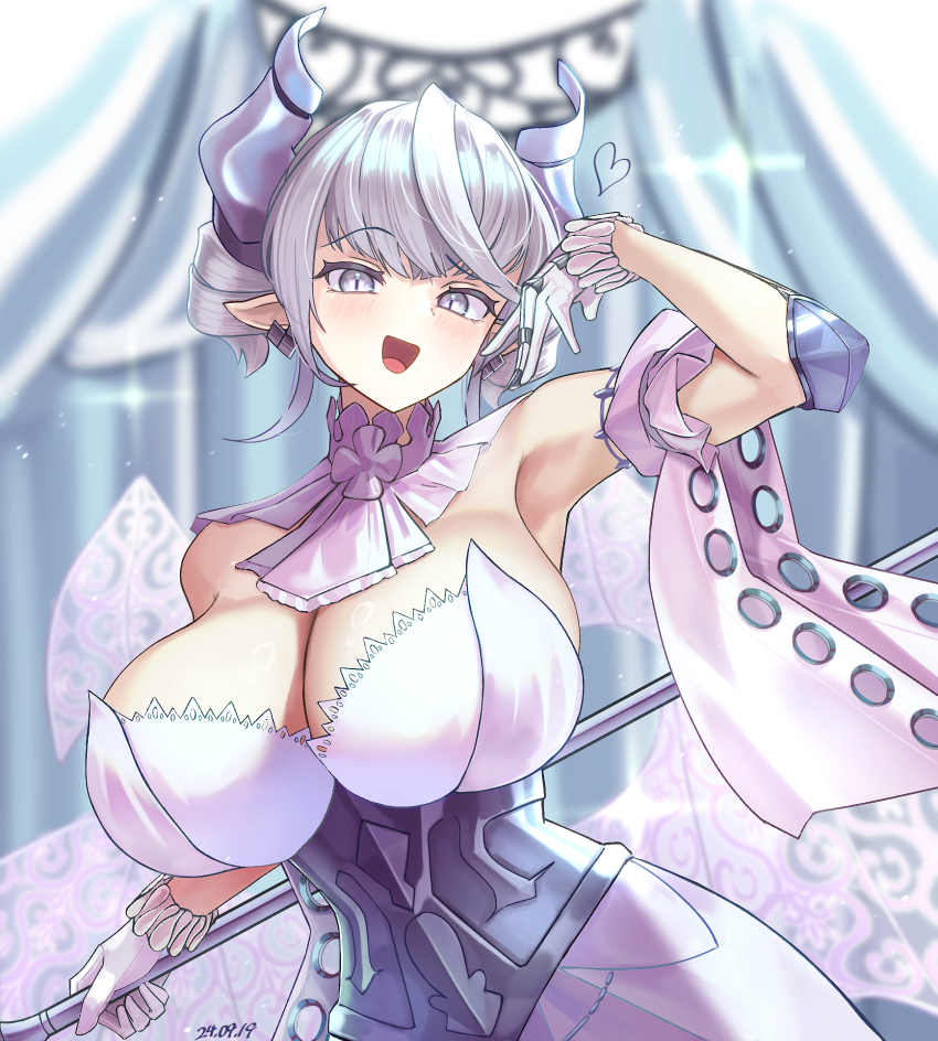 1girl, :d, arm_up, armored_corset, armpits, breasts, cleavage, commentary_request