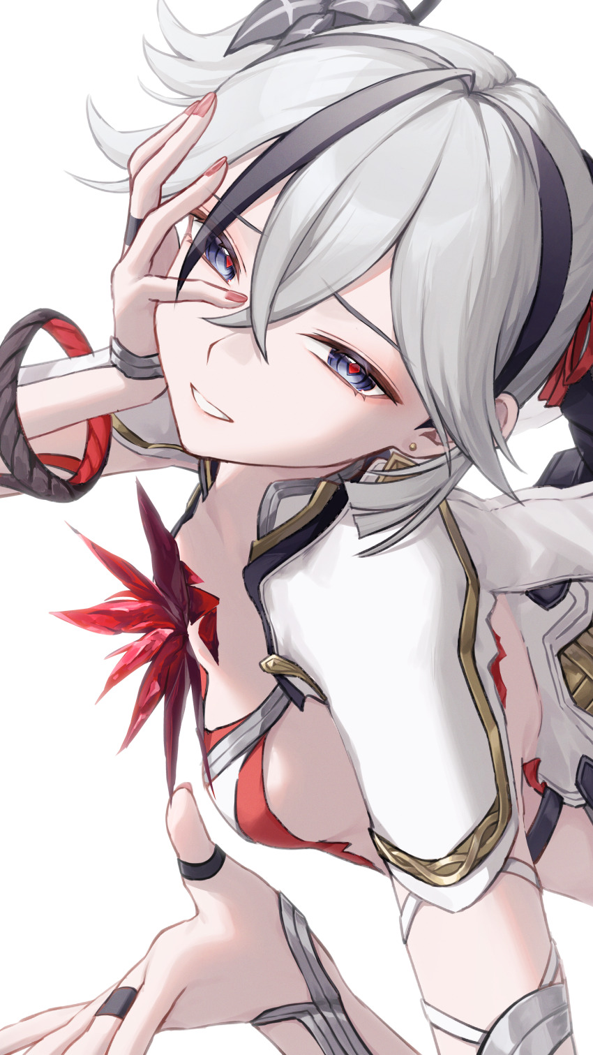 1girl, absurdres, black_flower, blake_bloom_(wuthering_waves), blue_eyes, breasts, camellya_(wuthering_waves), chromatic_aberration