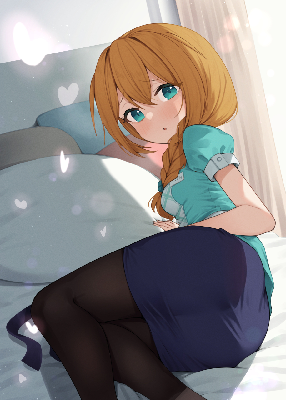 1girl, aoba_misaki, aoba_misaki_(cosplay), aqua_eyes, ass, baba_konomi, bed, binsen, black_pantyhose, blue_skirt, blush, braid, breasts, brown_hair, cosplay, curtains, dot_nose, double-parted_bangs, eyelashes, feet_out_of_frame, green_shirt, heart, highres, idolmaster, idolmaster_million_live!, idolmaster_million_live!_theater_days, indoors, long_hair, looking_at_viewer, lying, medium_breasts, miniskirt, name_tag, office_lady, on_side, pantyhose, parted_lips, pillow, puffy_short_sleeves, puffy_sleeves, shirt, short_sleeves, sidelocks, single_braid, skirt, solo
