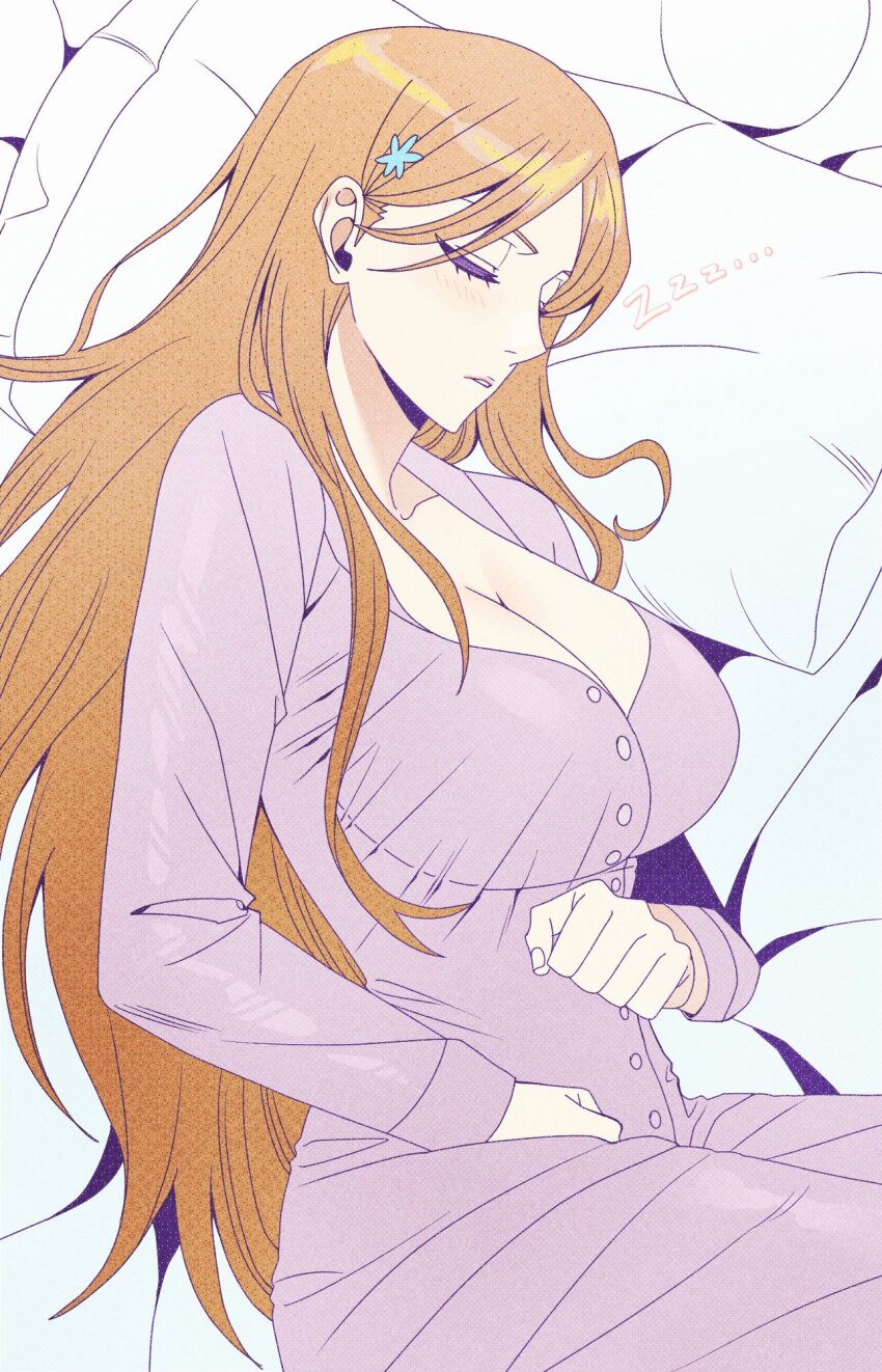 1girl, bleach, breasts, cleavage, closed_eyes, female_focus, hair_ornament, hairclip