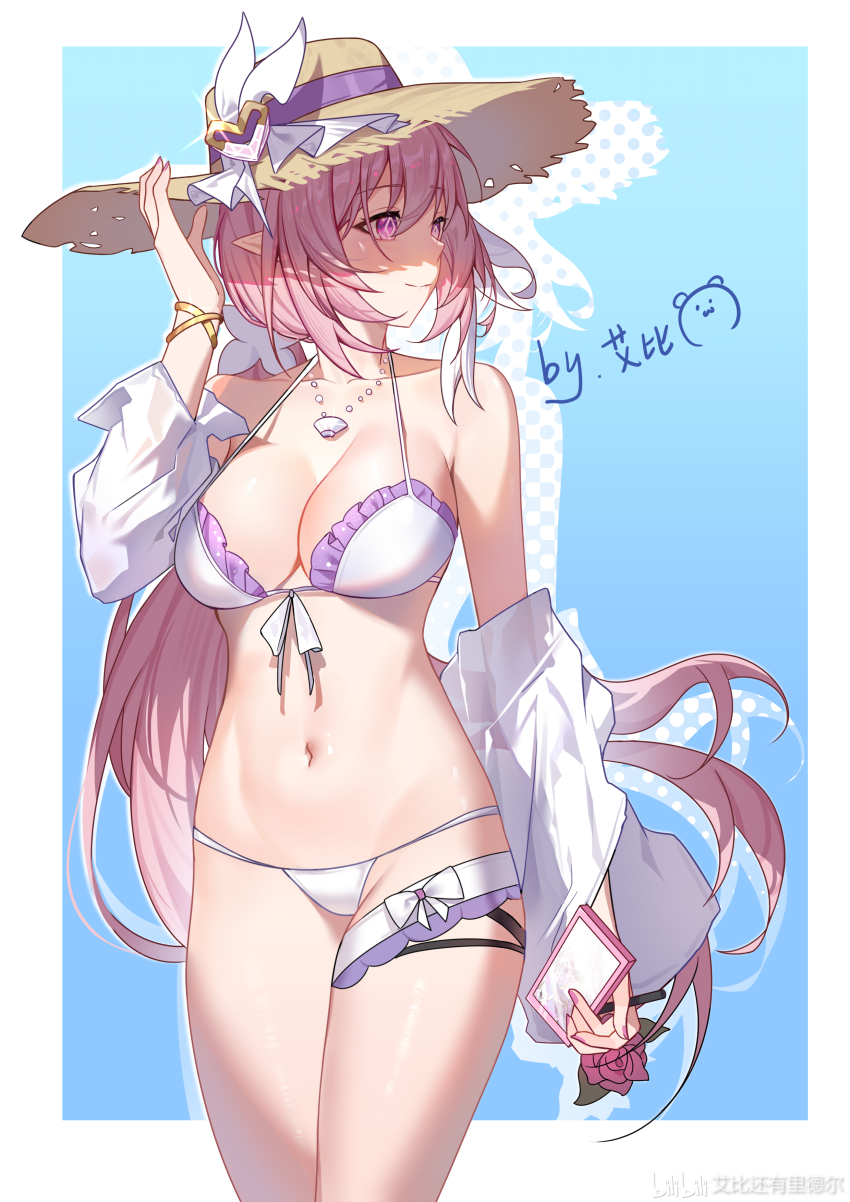 1girl, abby_riddle, absurdres, alternate_costume, artist_name, bare_shoulders, bikini, blue_background