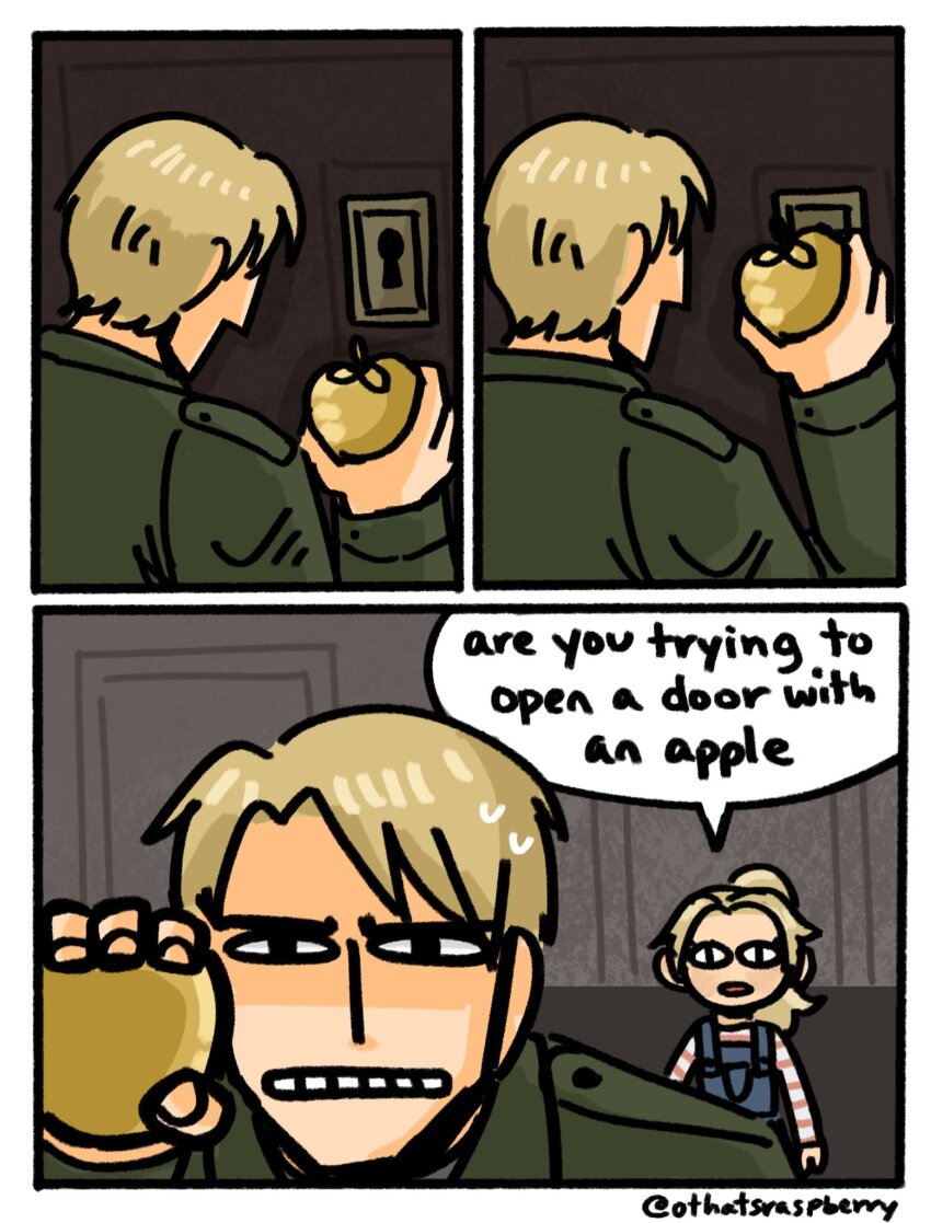 1boy, 1girl, blonde_hair, blue_overalls, door, door_lock, gameplay_mechanics, green_jacket