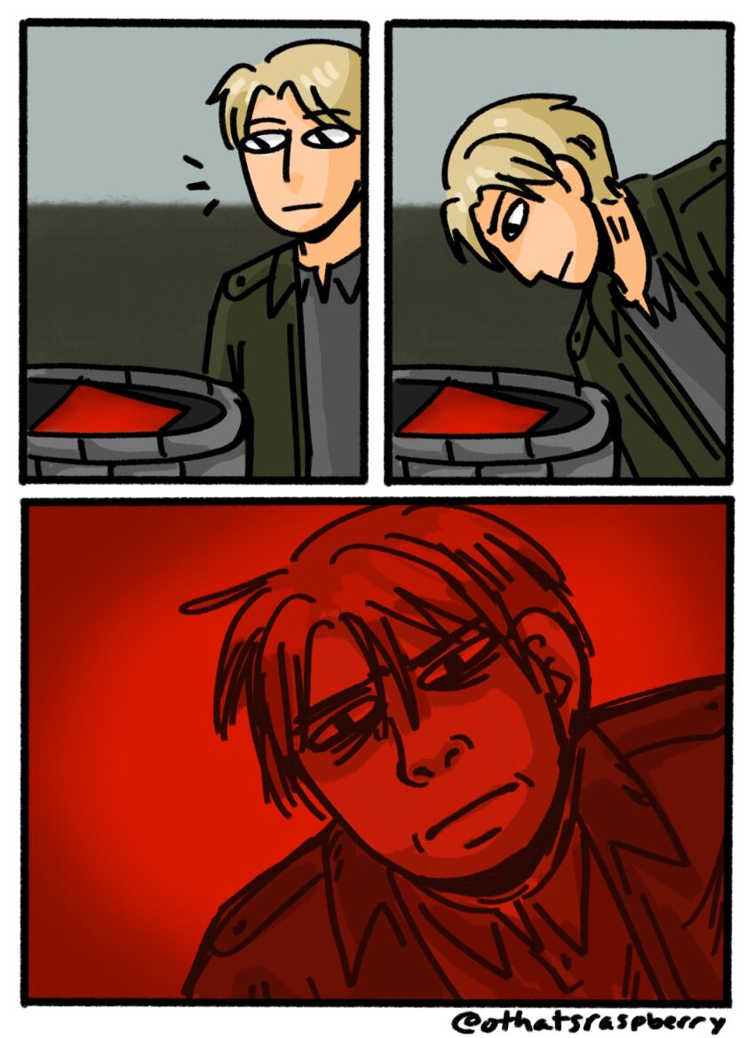 1boy, bags_under_eyes, blonde_hair, green_jacket, grey_shirt, highres, jacket, james_sunderland