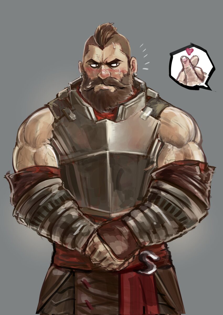 1boy, amsokyo, arcane:_league_of_legends, bara, bare_shoulders, beard, blush, brown_hair, character_request, cowboy_shot, facial_hair, finger_heart, full_beard, highres, implied_yaoi, league_of_legends, male_focus, mature_male, muscular, muscular_male, mustache, notice_lines, own_hands_together, shy, solo, thick_beard, thick_eyebrows, thick_mustache