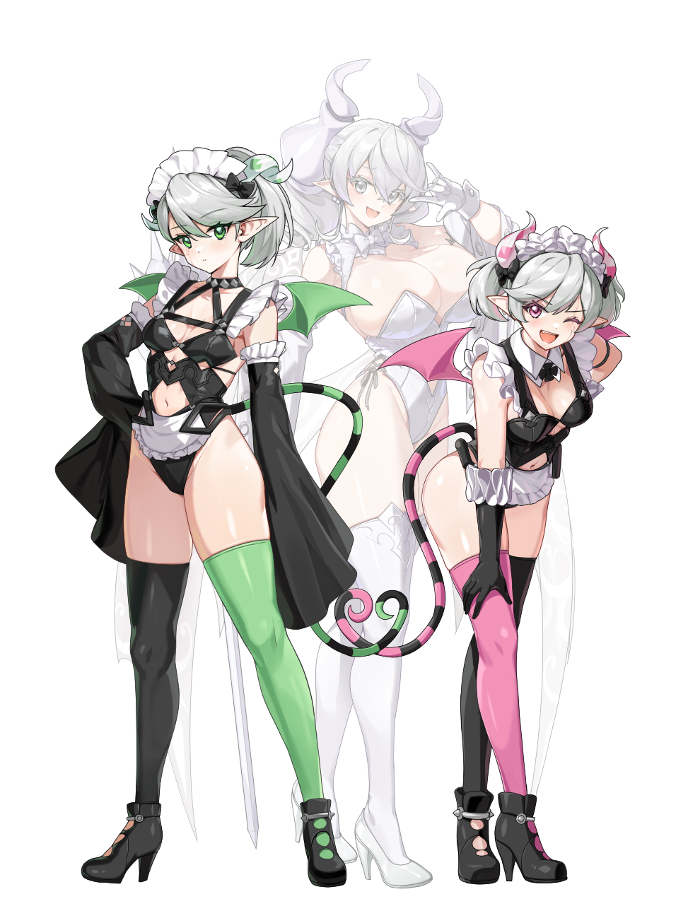 3girls, adapted_costume, arianna_the_labrynth_servant, ariane_the_labrynth_servant, asymmetrical_legwear, bare_shoulders, black_bra, black_corset