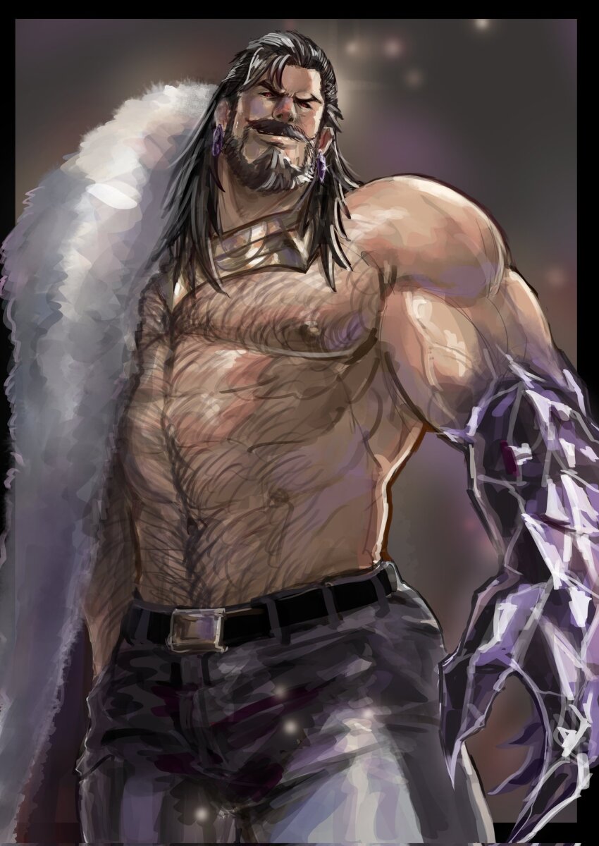 1boy, abs, amsokyo, bara, bare_pectorals, beard, black_hair, black_sclera, chest_hair, coat, colored_sclera, cowboy_shot, ear_piercing, earrings, facial_hair, full_beard, fur-trimmed_coat, fur_trim, grey_hair, highres, jewelry, league_of_legends, long_hair, looking_at_viewer, male_focus, mature_male, multicolored_hair, navel, navel_hair, nipples, pectorals, piercing, prestige_chosen_of_the_wolf_swain, red_eyes, smile, solo, standing, stomach, streaked_hair, thick_eyebrows
