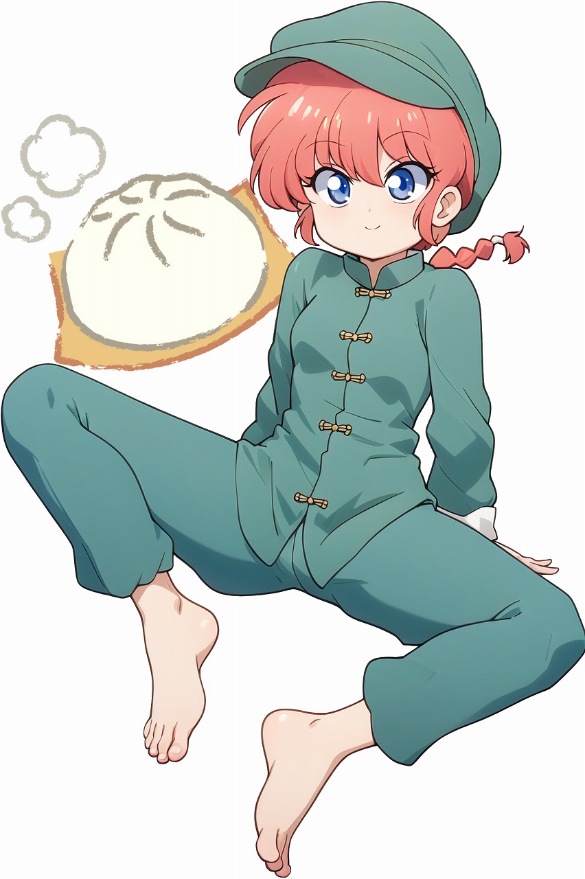 1girl, steamed_bun, barefoot, blue_eyes, braid, braided_ponytail, chinese_clothes, commentary_request, feet, food, genderswap, genderswap_(mtf), hat, highres, looking_at_viewer, mao_cap, mao_jacket, mao_suit, odochi_(1or8), projected_inset, ranma-chan, ranma_1/2, red_hair, saotome_ranma, single_braid, sitting, smile, spread_legs, toes