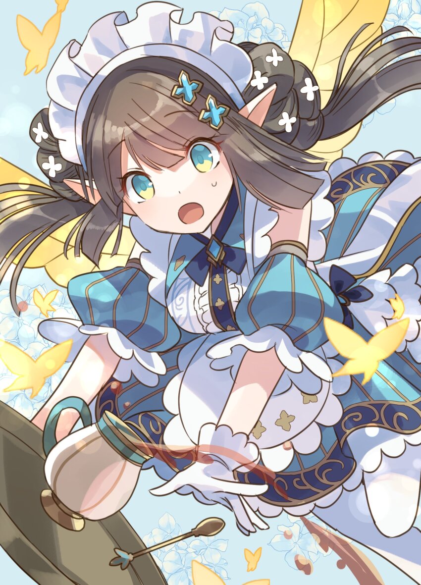 1girl, apron, blue_dress, brown_hair, bug, butterfly, butterfly_wings, detached_sleeves, dress, frilled_apron, frills, gloves, hair_ornament, highres, insect, insect_wings, maid, maid_apron, maid_headdress, multicolored_eyes, open_mouth, pantyhose, patty_(p&amp;d), pointy_ears, puzzle_&amp;_dragons, rakulog, solo, teapot, tray, twintails, two-tone_eyes, white_apron, white_gloves, white_pantyhose, wings