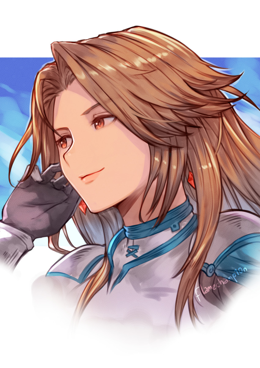 1girl, absurdres, armor, black_gloves, brown_eyes, brown_hair, earrings, flamechamp10n