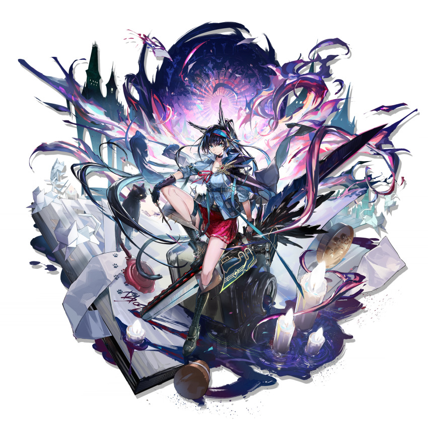 animal_ears, aqua_shirt, arknights, black_footwear, black_gloves, black_hair, blaze_(arknights), blaze_(explosive_blue_flame)_(arknights)