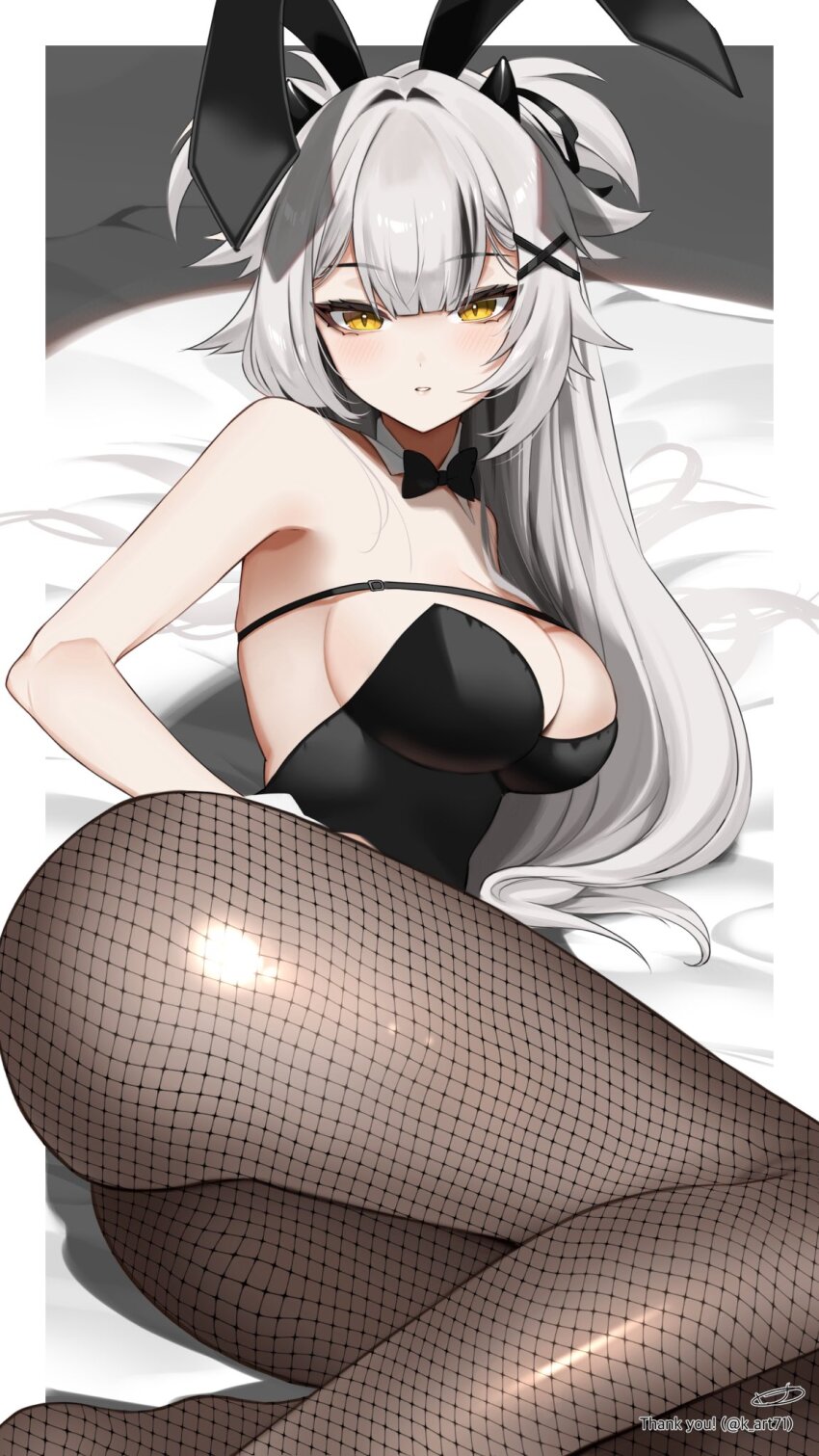 1girl, animal_ear_hairband, animal_ears, ass, bare_shoulders, black_bow, black_bowtie, black_hair, black_horns, black_leotard, bow, bowtie, breasts, chest_strap, ciri_(vtuber), cleavage, collar, commission, detached_collar, fake_animal_ears, fishnet_pantyhose, fishnets, grey_hair, hairband, highres, horns, indie_virtual_youtuber, k_(art71), leotard, long_hair, lying, multicolored_hair, on_side, pantyhose, parted_lips, playboy_bunny, rabbit_ear_hairband, rabbit_ears, skeb_commission, strapless, strapless_leotard, streaked_hair, thank_you, twitter_username, virtual_youtuber, white_collar, yellow_eyes
