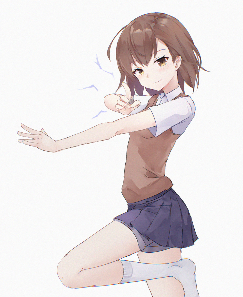 1girl, ahoge, blue_skirt, blush, breasts, brown_cardigan, brown_eyes, brown_hair