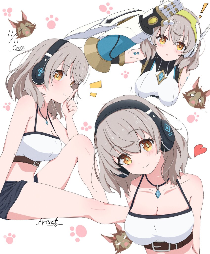 1girl, absurdres, android, breasts, croce_(princess_connect!), croce_(real)_(princess_connect!), crop_top, foolforpriconne, grey_hair, hair_between_eyes, headband, headphones, highres, jewelry, joints, large_breasts, mechanical_antennae, mechanical_arms, multiple_views, necklace, princess_connect!, radio_antenna, robot_ears, robot_girl, robot_joints, yellow_eyes
