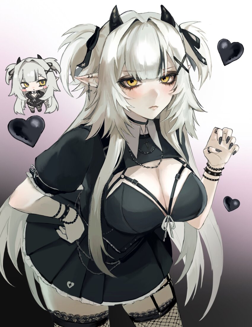 1girl, absurdres, black_choker, black_dress, black_hair, black_horns, black_ribbon, blush_stickers, bracelet, breasts, chibi, choker, ciri_(vtuber), cleavage, closed_mouth, commission, dress, earrings, eyelashes, fangs, fishnet_thighhighs, fishnets, grey_nails, hair_ribbon, heart, highres, horns, indie_virtual_youtuber, jewelry, kura_nnakiits, large_breasts, long_hair, multicolored_hair, necklace, pointy_ears, ribbon, ring, skeb_commission, spiked_bracelet, spikes, streaked_hair, thighhighs, two_side_up, virtual_youtuber, white_hair, yellow_eyes