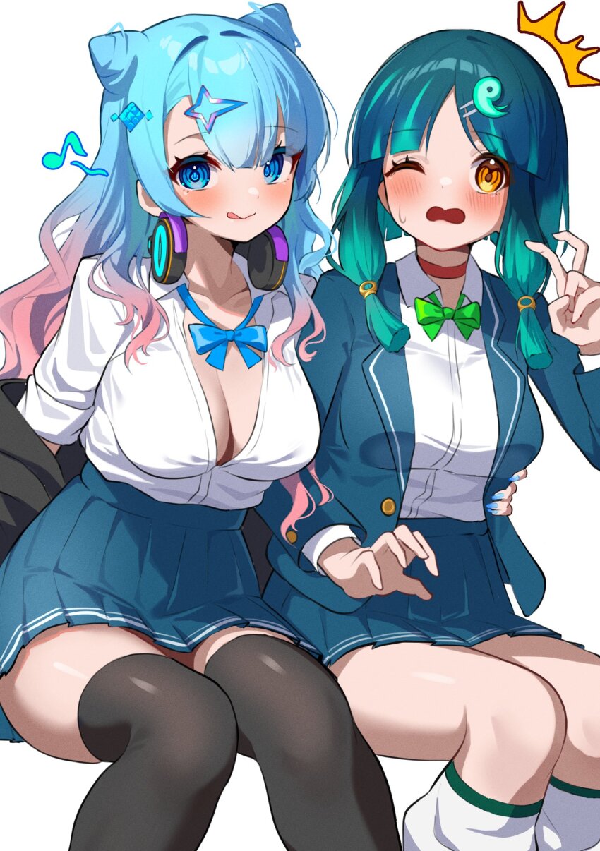 2girls, :d, blazer, blue_eyes, blue_hair, bow, bowtie, breasts