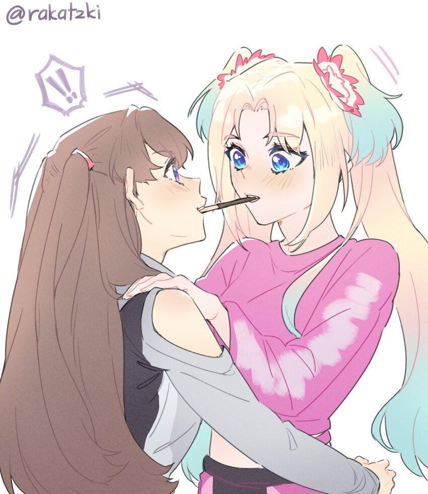 !, !!, 2girls, absurdres, blonde_hair, blue_eyes, blue_hair, brown_hair