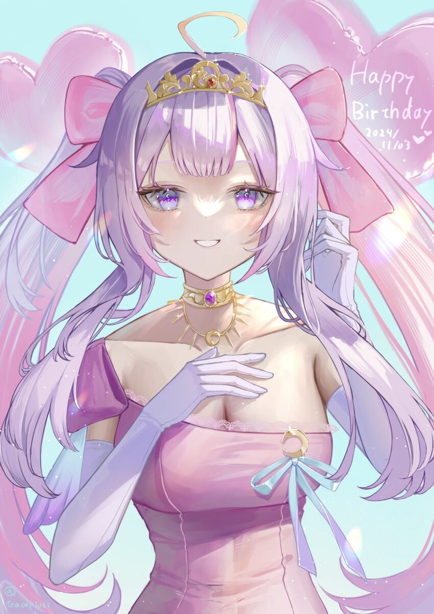 1girl, ahoge, balloon, bow, breasts, cleavage, collarbone, crescent